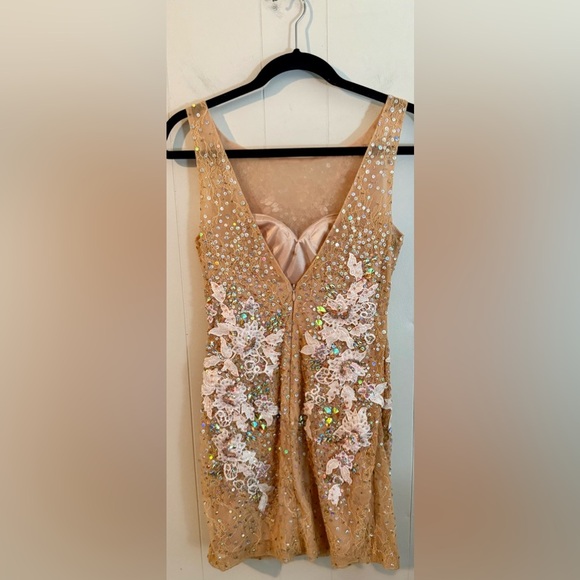 JOVANI Vintage Tan Floral Embellished Sequin Jeweled Midi Dress, Size 2 - Picture 5 of 16